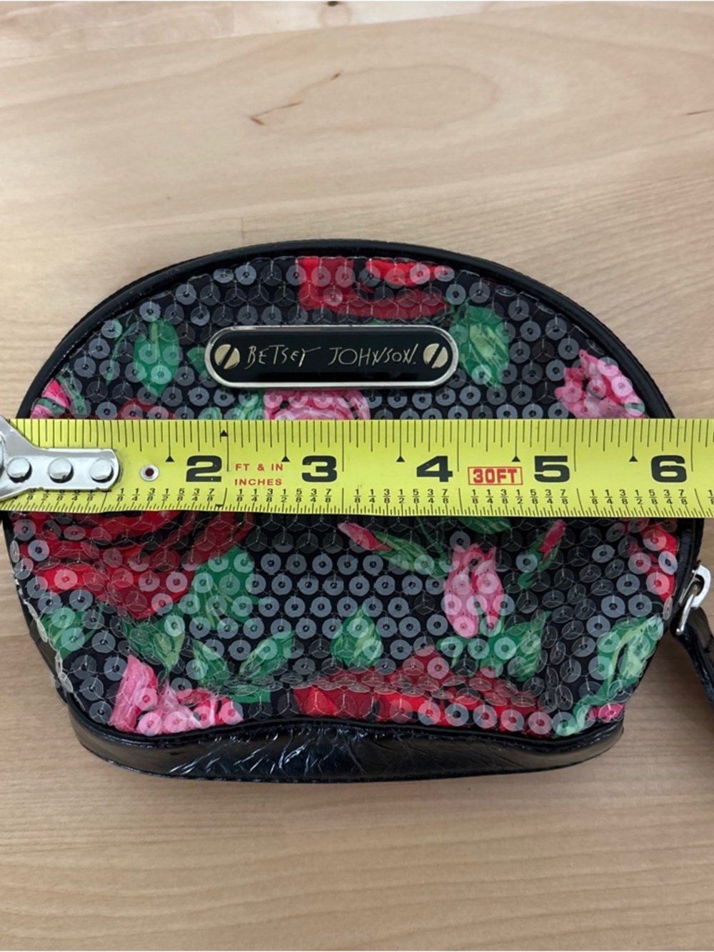 Betsey Johnson Black Cosmetic Pouch with Pink & Red Floral Sequins - Picture 5 of 7